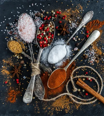 Combination of spices , Spoons and Salt
